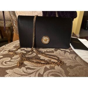Versace Women's Black Silk Clutch Crossbody Bag with Medusa Emblem